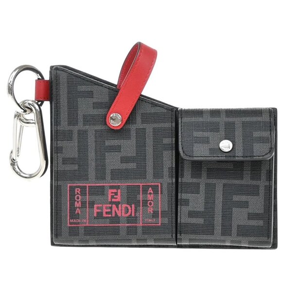 FENDI Logo Zucca Pattern Bag Charm Belt Pouch PVC Leather Black Italy 33KA976 - Picture 1 of 13